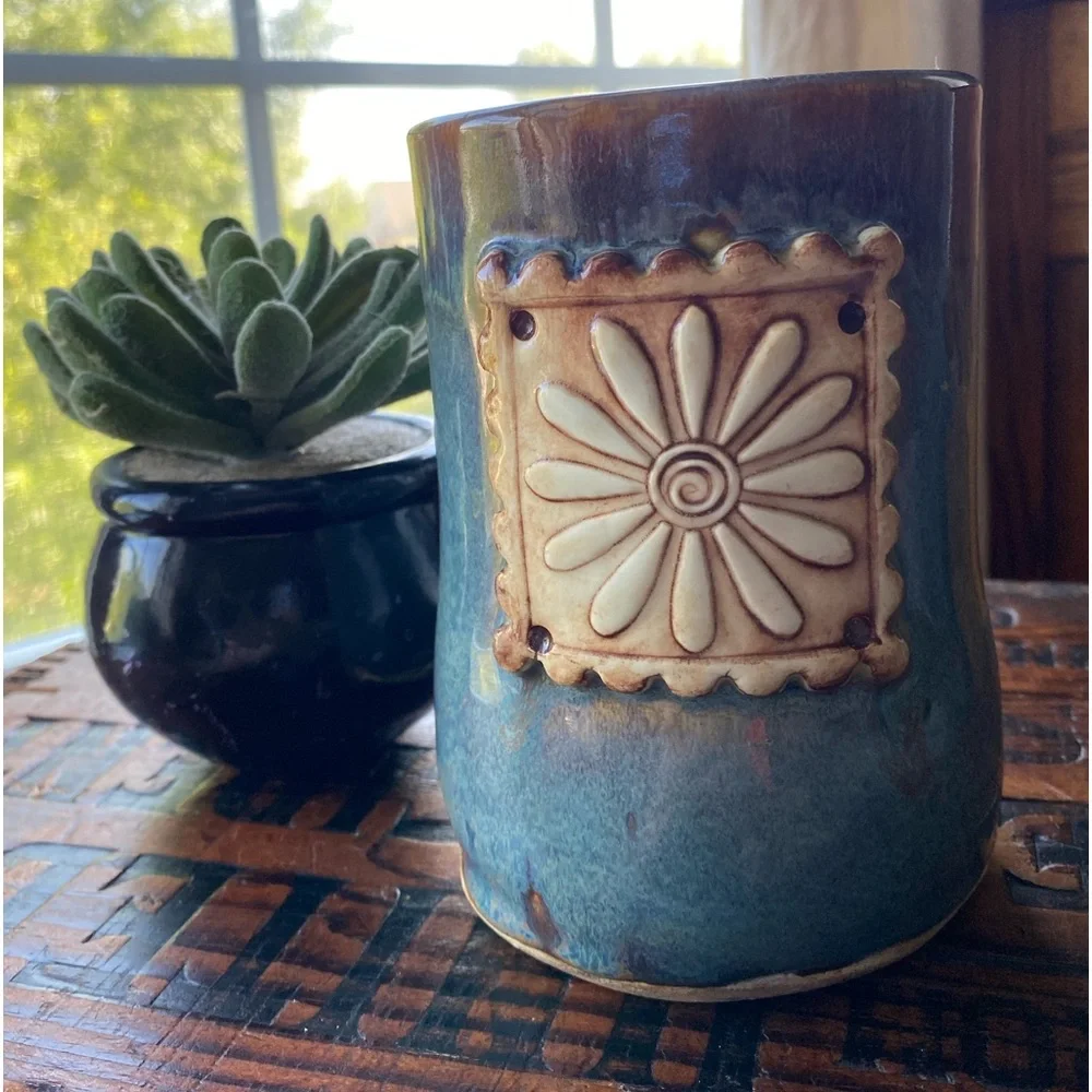 Studio Pottery Blue Daisy Vase Crock EUC